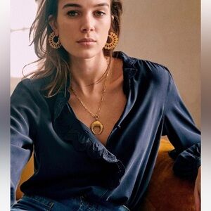 Sézane Paris 100% Silk Chlo Embroidered Ruffle Blouse Quiet Luxury size 48/16